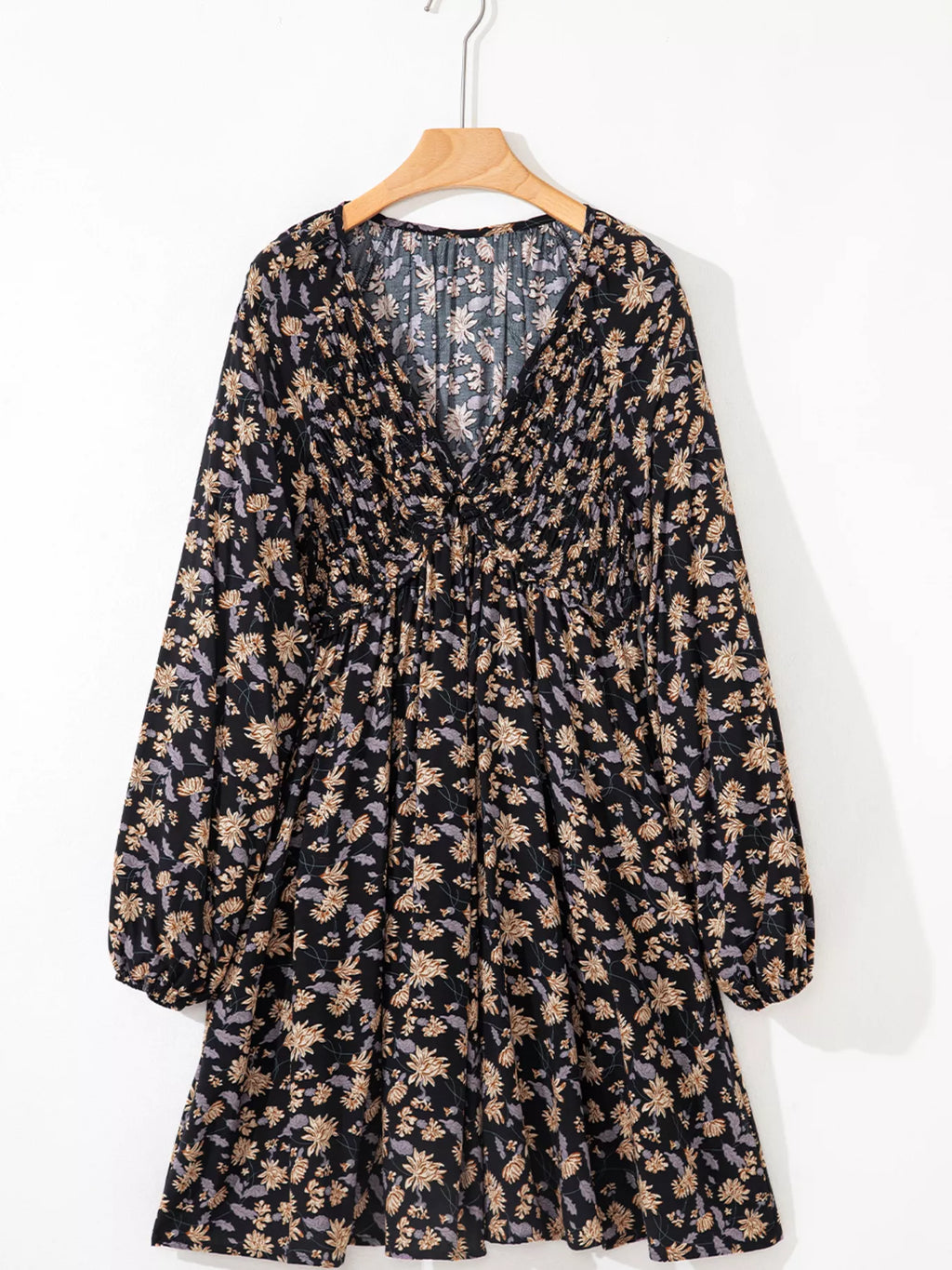 Floral Deep V Neck Smocked Bust Bubble Sleeve Babydoll Dress - product image 3