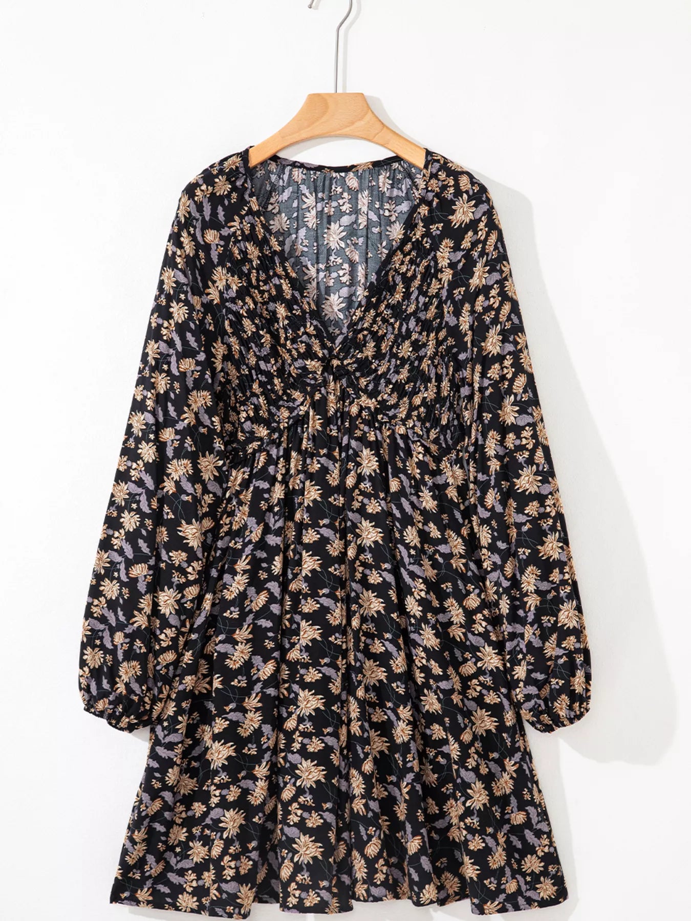 Floral Deep V Neck Smocked Bust Bubble Sleeve Babydoll Dress - product image 3