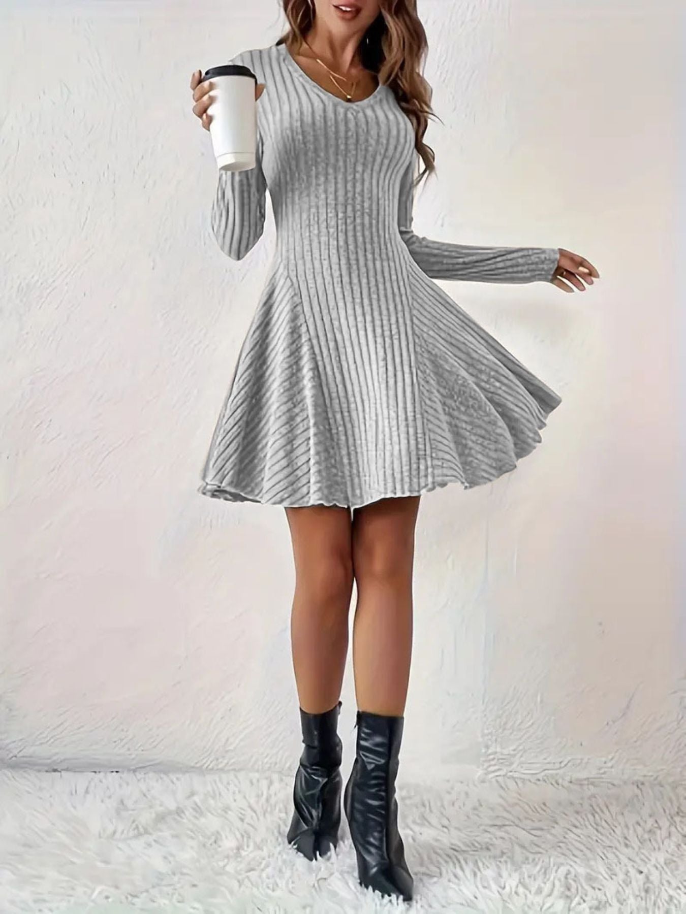 Ribbed Knit Long Sleeve A-Line Dress view 8 - Shopiebay