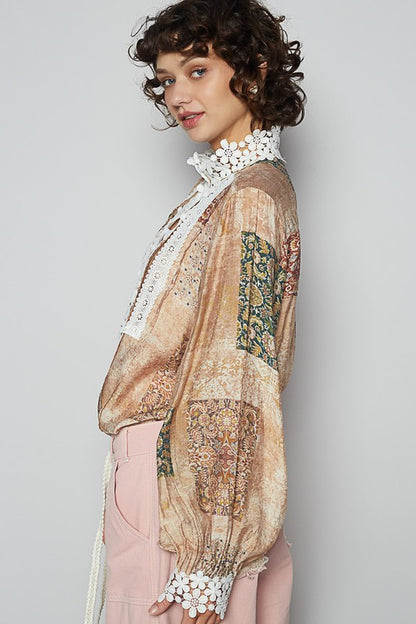 POL Lace Detail Printed Button Down Shirt