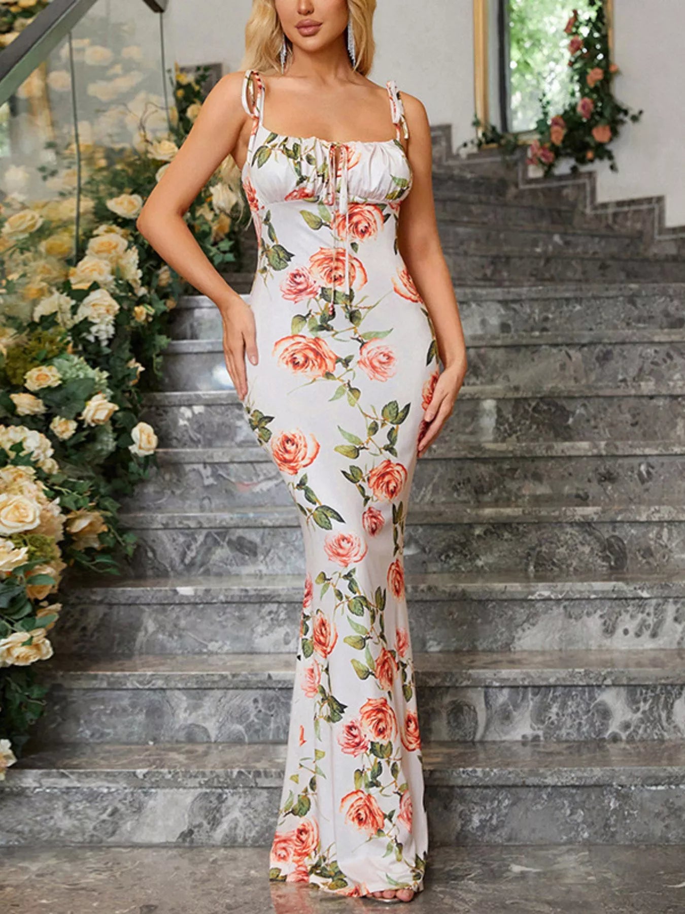 Floral Print Tie Strap Bodycon Maxi Dress - product image 9