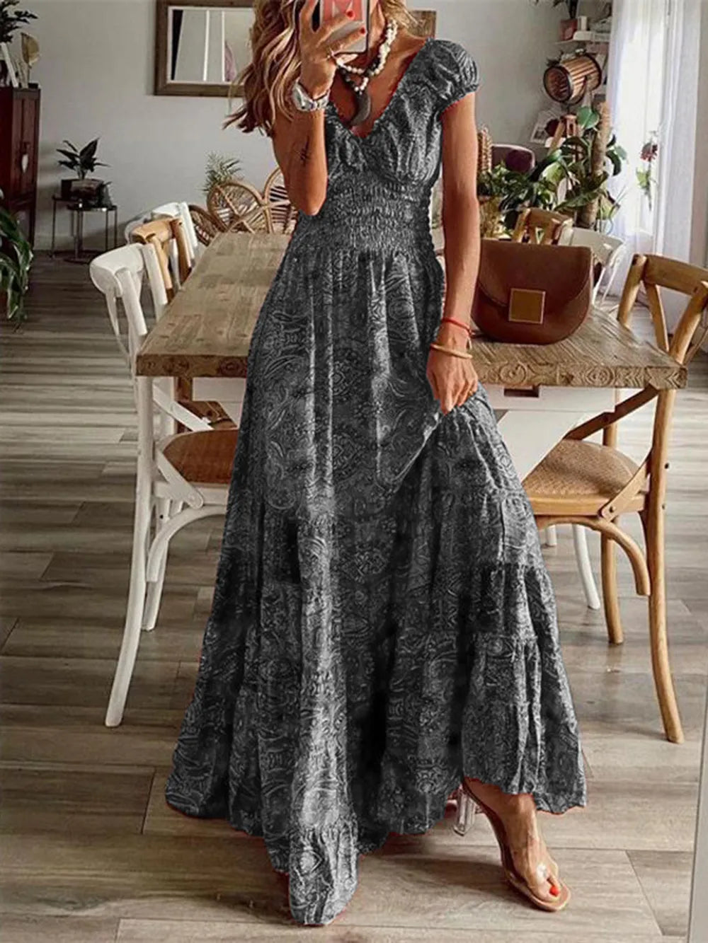 Smocked Printed V-Neck Short Sleeve Dress - product image 10