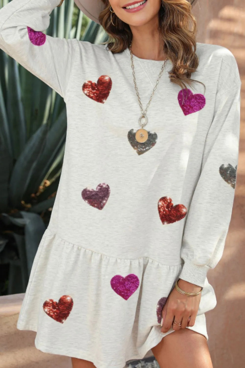 Sequin Heart Round Neck Long Sleeve Mini Dress Secondary image