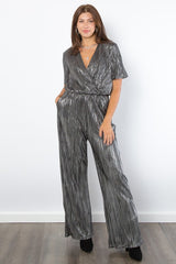 Be Stage Surplice Short Sleeve Pleated Foil Jumpsuit