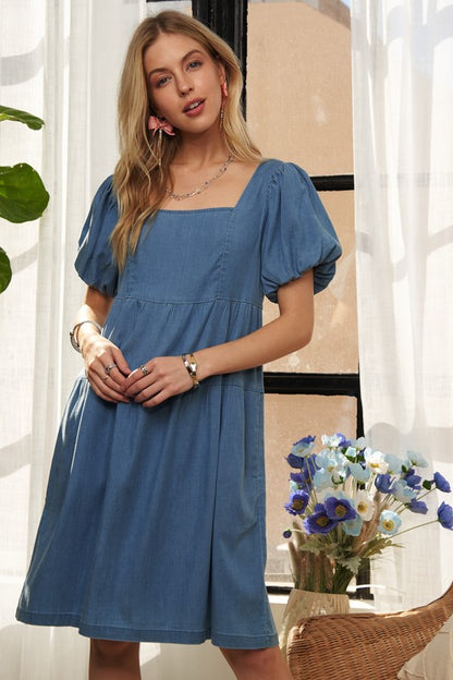 ADORA Square Neck Puff Sleeve Denim Dress