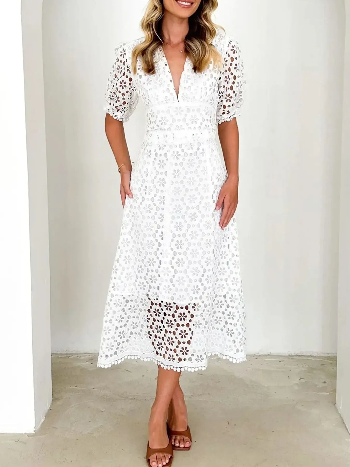 Eyelet Lace V-Neck Midi Dress with Puff Sleeves Secondary image