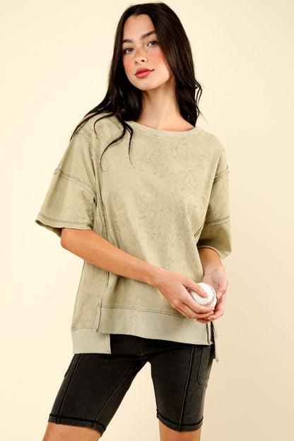 VERY J Round Neck Exposed Seam Slit T-Shirt