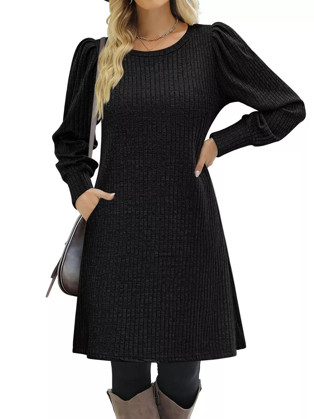 Ribbed Knit Puff Sleeve Casual Mini Dress - product image 16