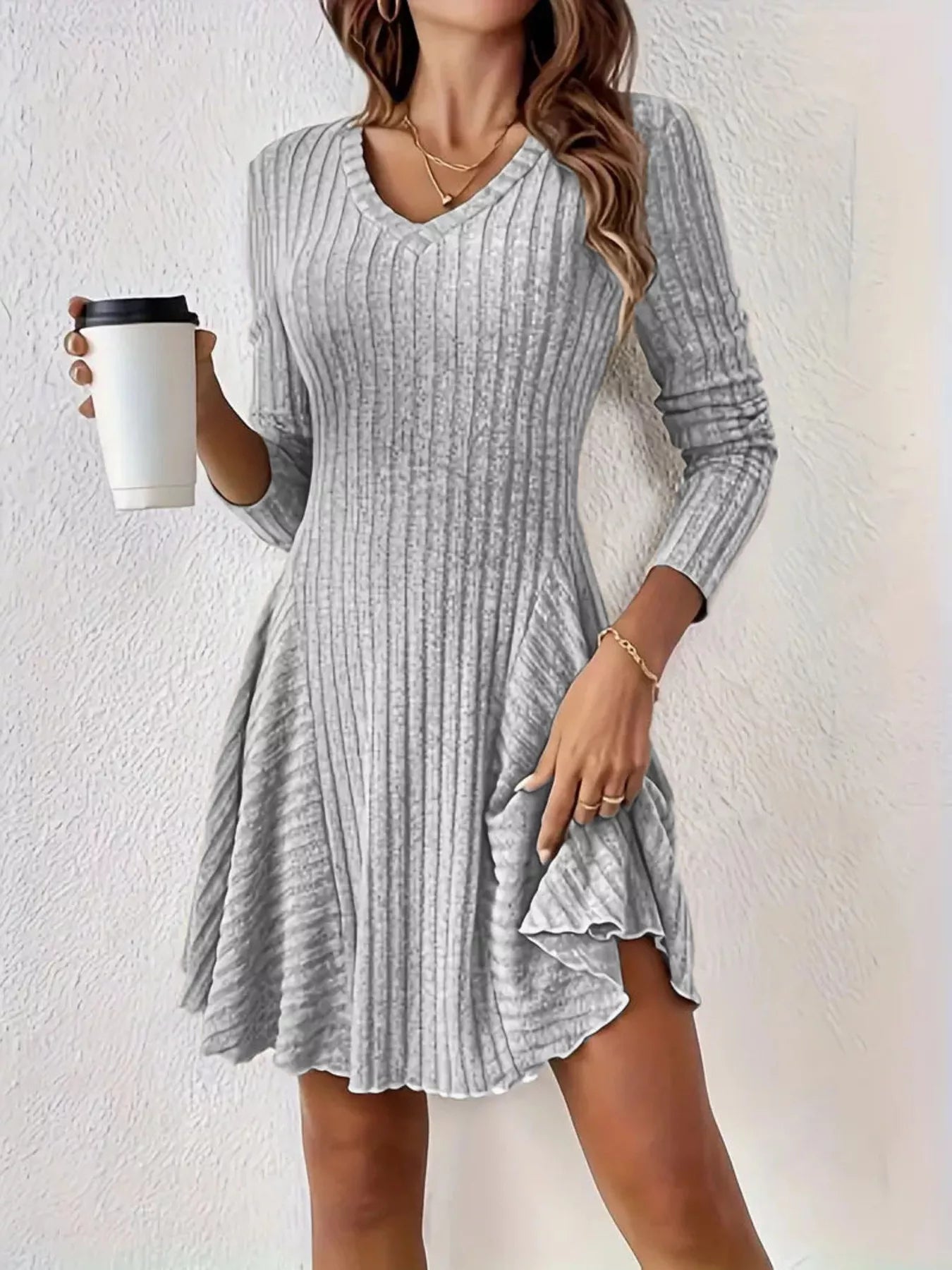 Ribbed Knit Long Sleeve A-Line Dress view 6 - Shopiebay