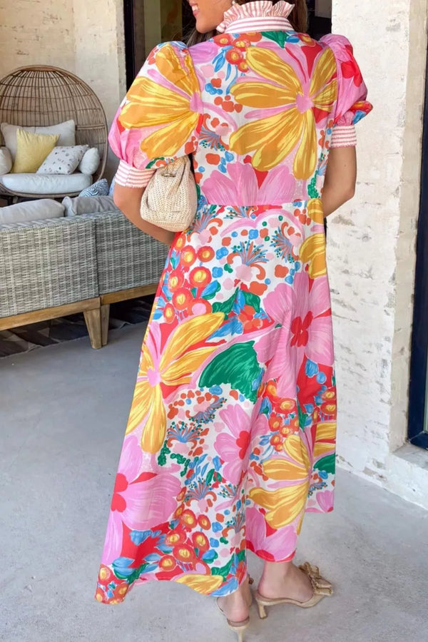 Floral Print Striped Trim Button Down Short Sleeve Maxi Dress - product image 4