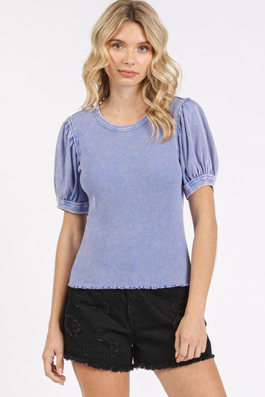 Mittoshop Mineral Wash Puff Sleeve Rib Knit T-Shirt