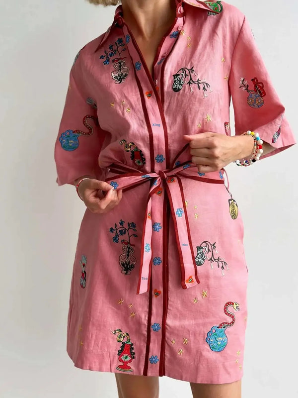 Embroidered Tie Waist Shirt Dress - product image 4
