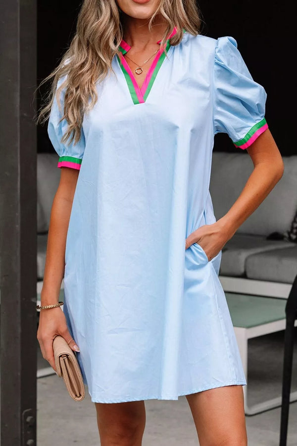 Puff Sleeve Mini Dress with Contrast Trim - product image 3