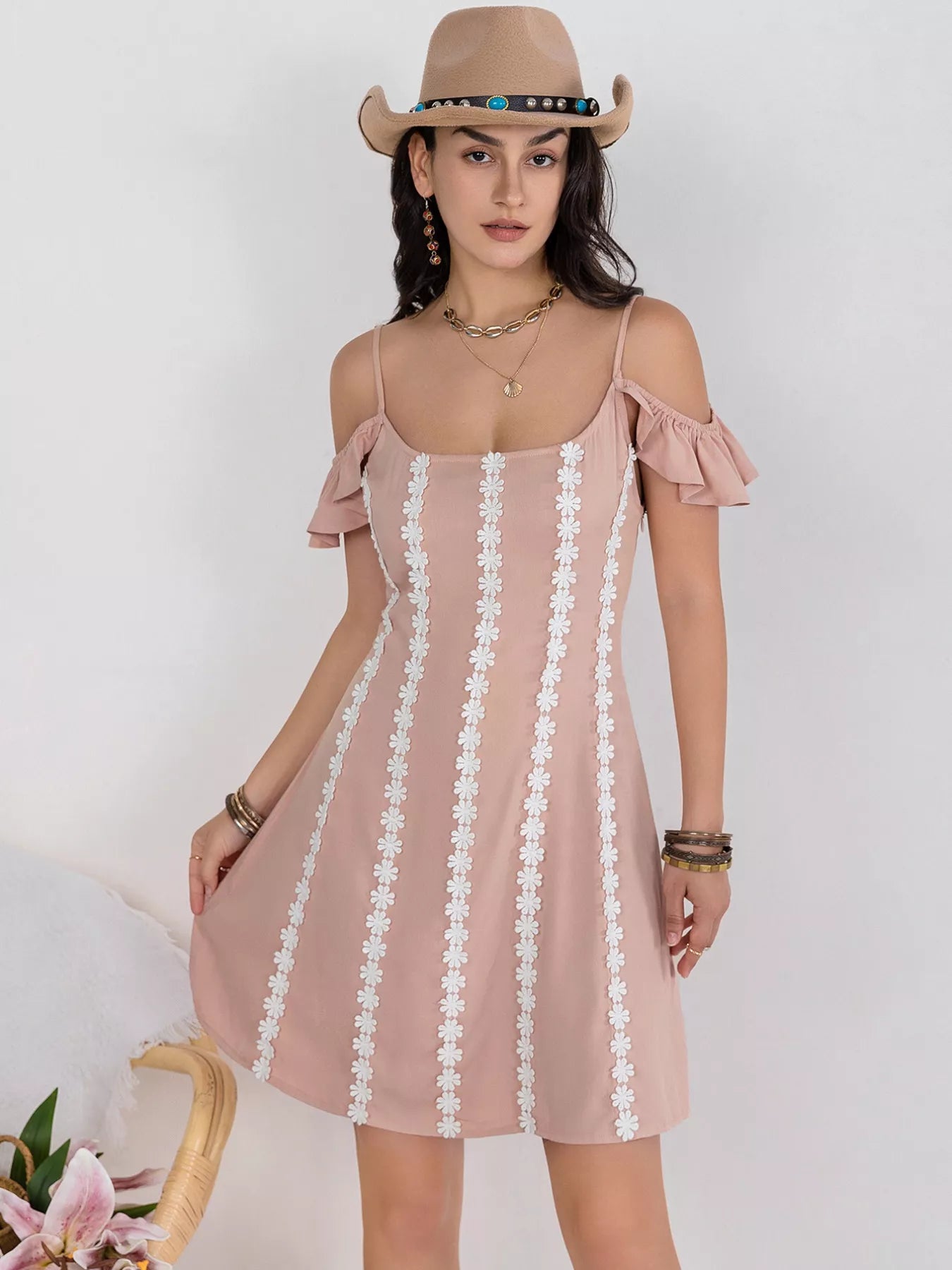 Floral Lace Trim Cold Shoulder A-Line Dress view 3 - Shopiebay