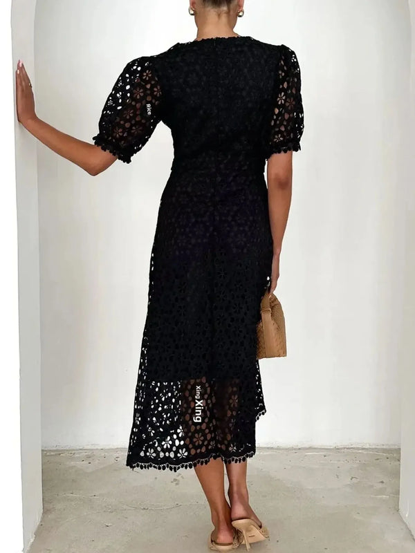 Eyelet Lace V-Neck Midi Dress with Puff Sleeves - product image 10