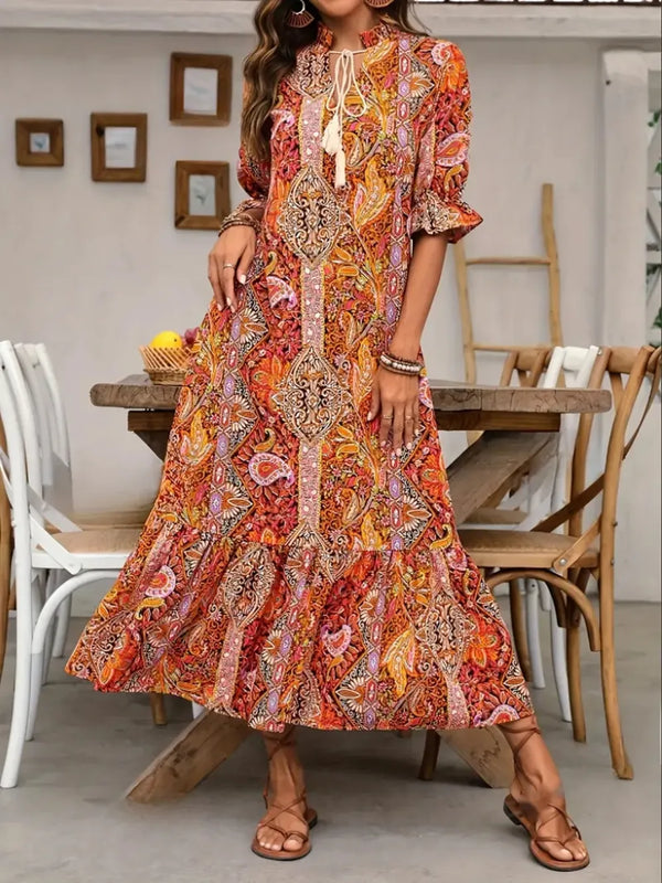 Printed Tie Neck Flounce Sleeve Midi Dress - product image 12