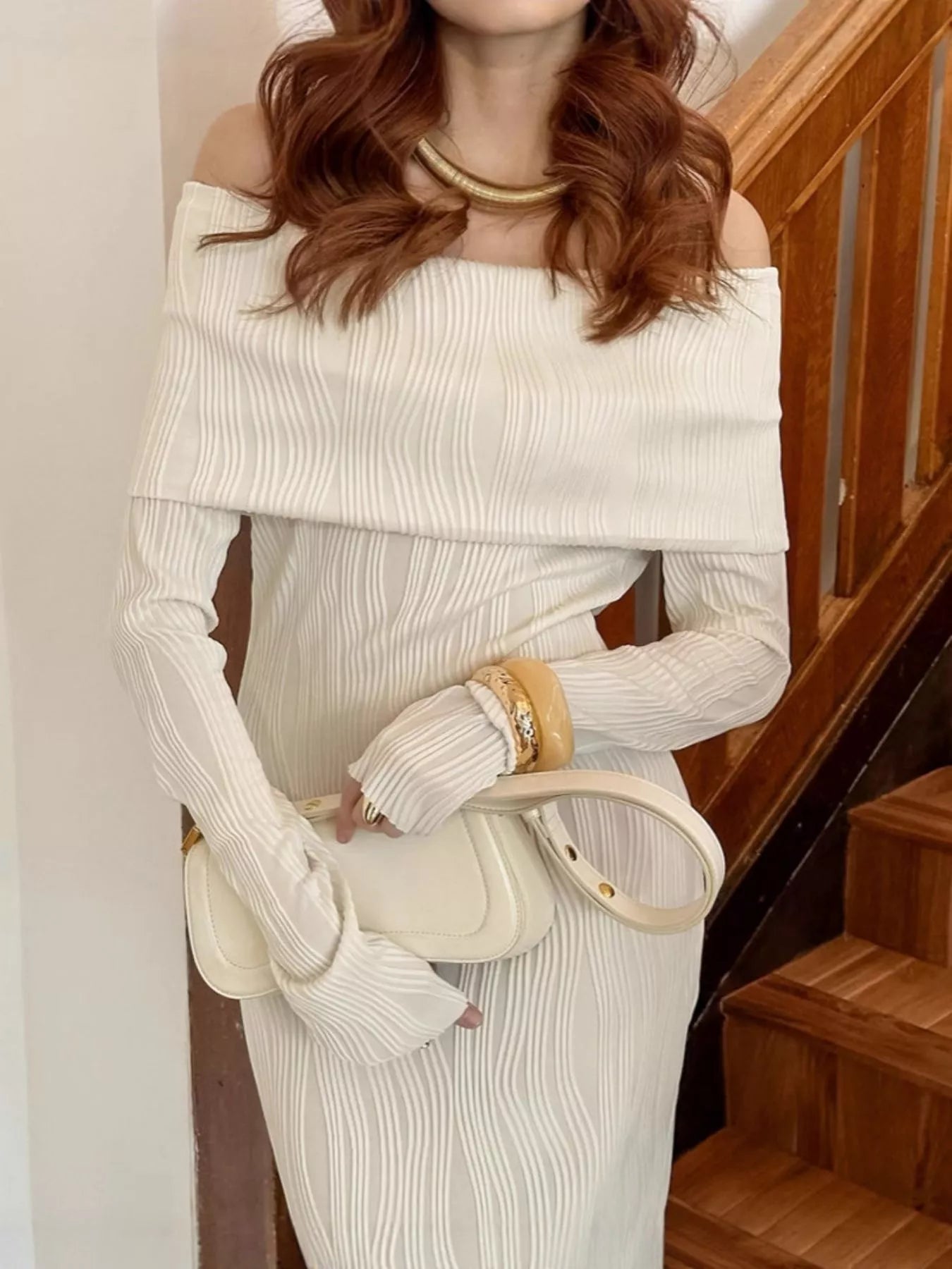 Off-Shoulder Textured Knit Maxi Dress Main image