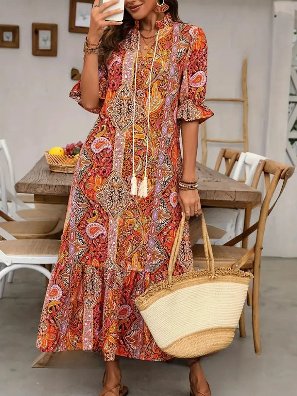 Printed Tie Neck Flounce Sleeve Midi Dress - product image 11