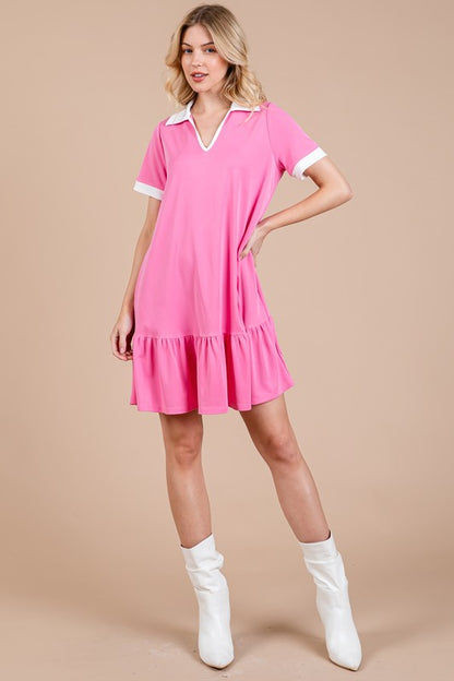 Ces Femme Ruffled Hem Johnny Collar Short Sleeve Dress