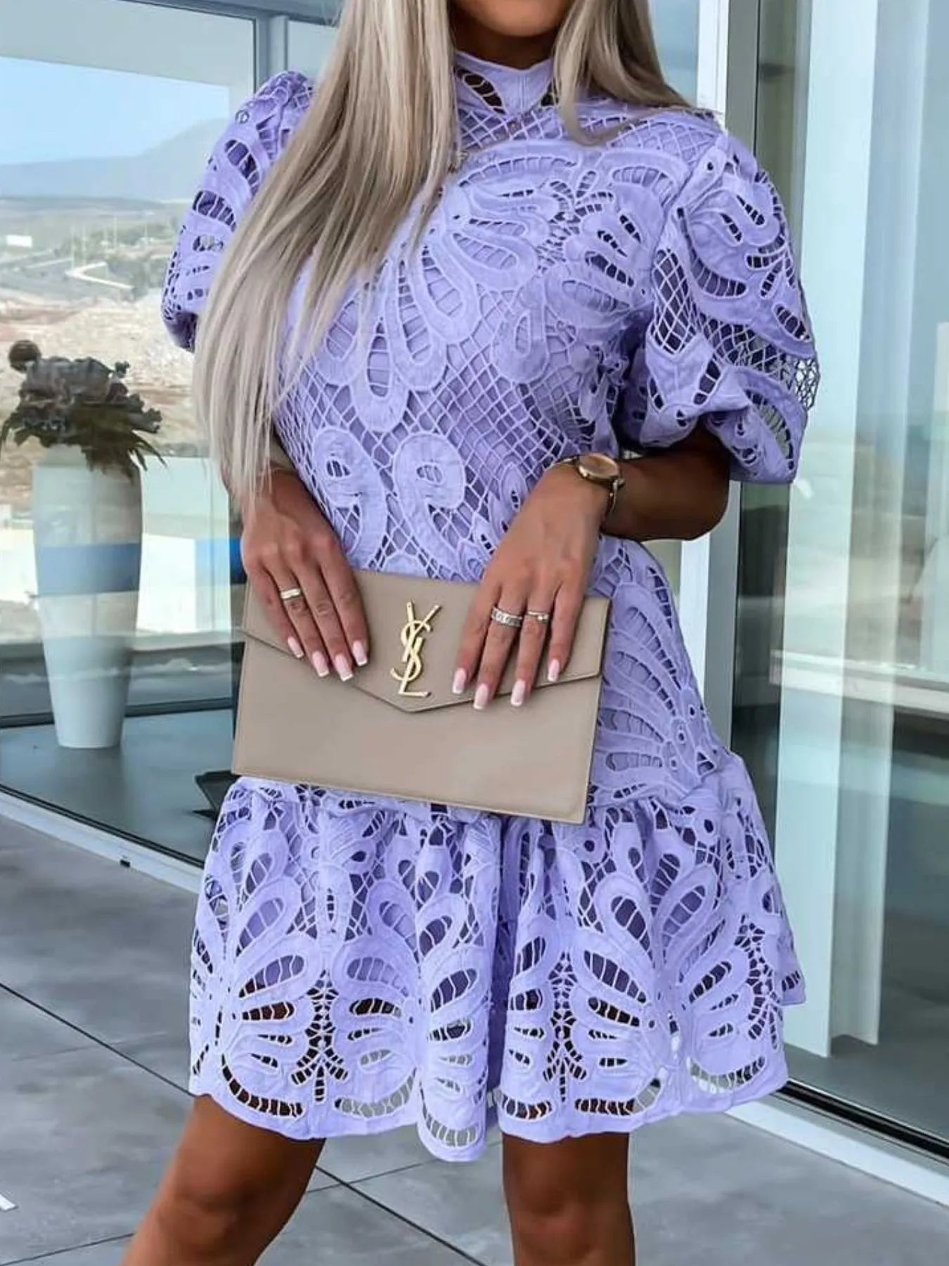 Lace Mock Neck Puff Sleeve Dress - product image 13