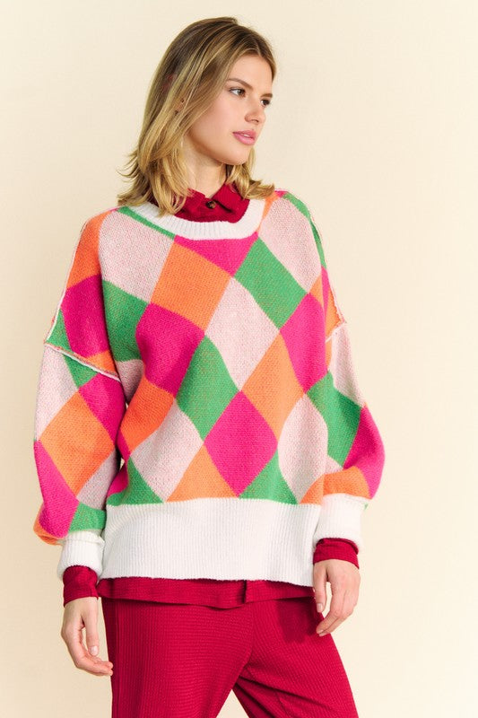 Davi & Dani Exposed Seam Color Block Dropped Shoulder Sweater