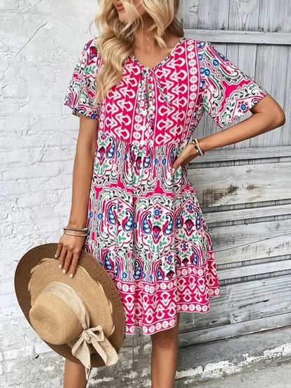Printed Tie Neck Short Sleeve Dress view 2 - Shopiebay
