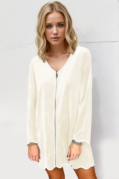 Double Take Wave Contrast Trim V-Neck Zip Up Long Sleeve Mini Dress view 4 - Shopiebay