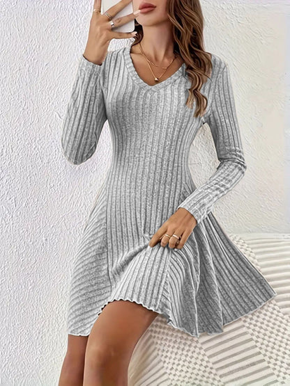Ribbed Knit Long Sleeve A-Line Dress view 5 - Shopiebay