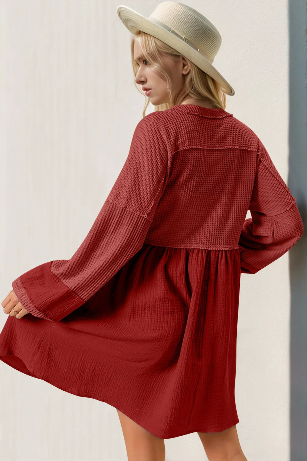 Double Take Waffle-Knit Contrast Half Button V-Neck Long Sleeve Mini Dress - product image 2