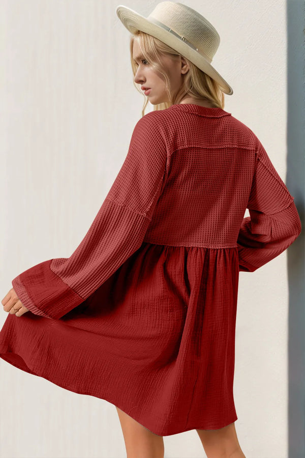 Double Take Waffle-Knit Contrast Half Button V-Neck Long Sleeve Mini Dress - product image 2