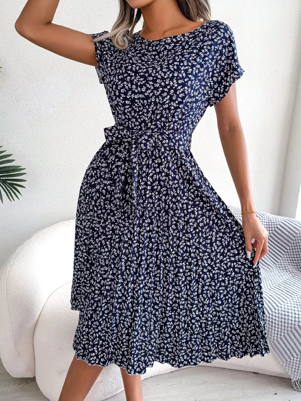 Women's Floral Pleated Midi Dress with Belt – Casual Spring Style - product image 9