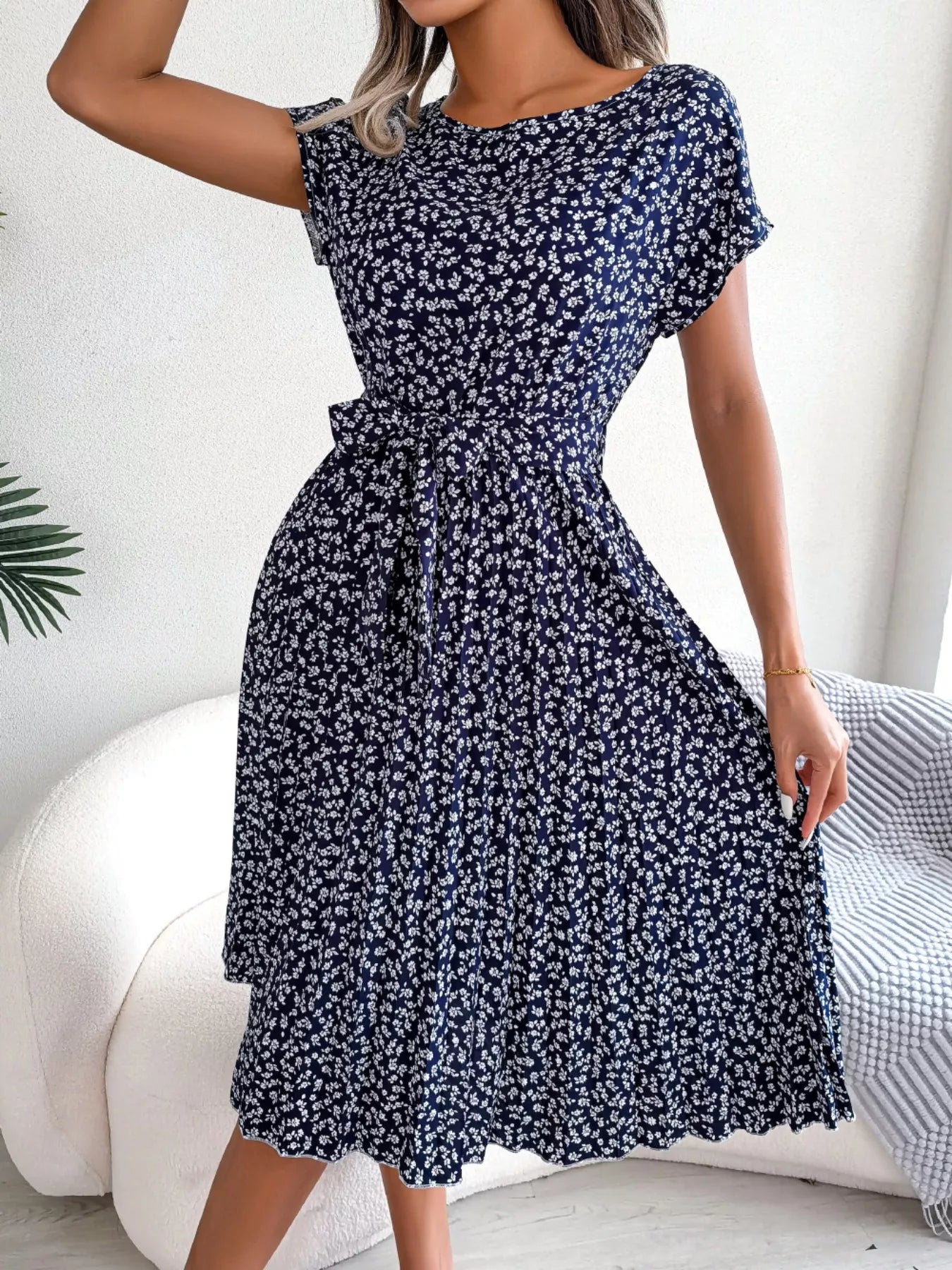 Women's Floral Pleated Midi Dress with Belt – Casual Spring Style - product image 9