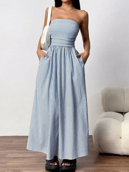 Striped Strapless Casual Maxi Dress - Shopiebay women's boutique