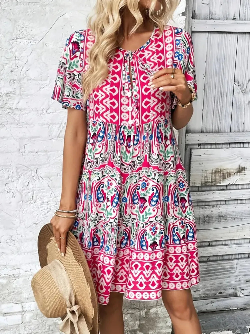 Printed Tie Neck Short Sleeve Dress view 3 - Shopiebay