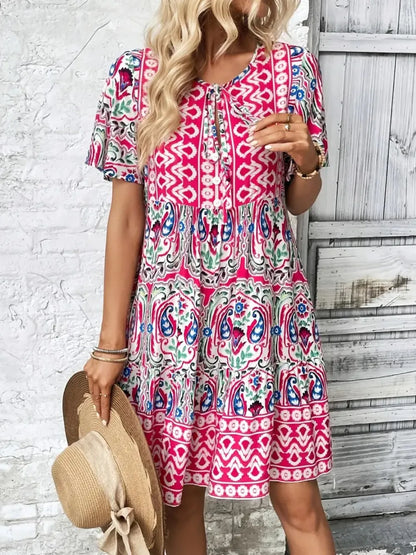 Printed Tie Neck Short Sleeve Dress view 3 - Shopiebay