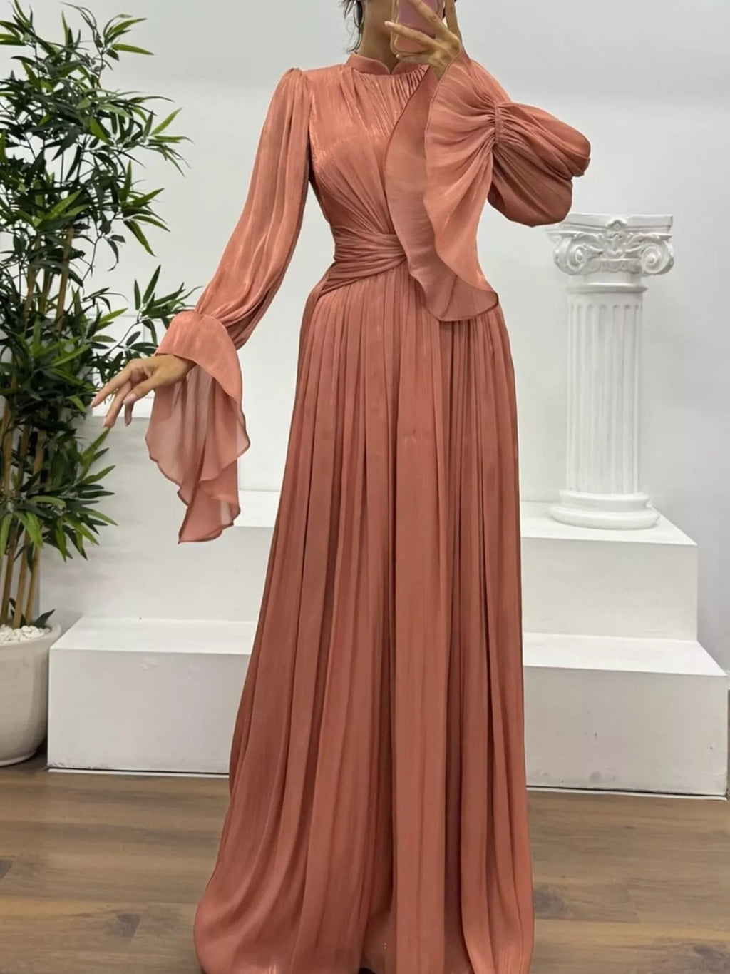 Pleated Mock Neck Long Sleeve Maxi Dress - product image 8
