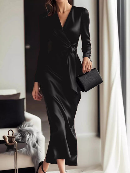 Satin Wrap Long Sleeve Midi Dress view 6 - Shopiebay