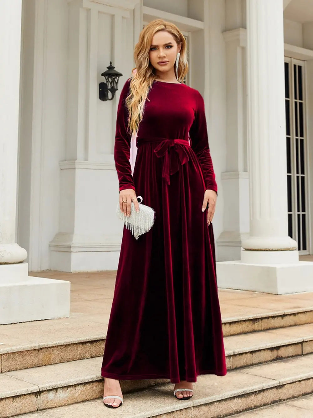 Tie Front Round Neck Long Sleeve Maxi Dress Main image
