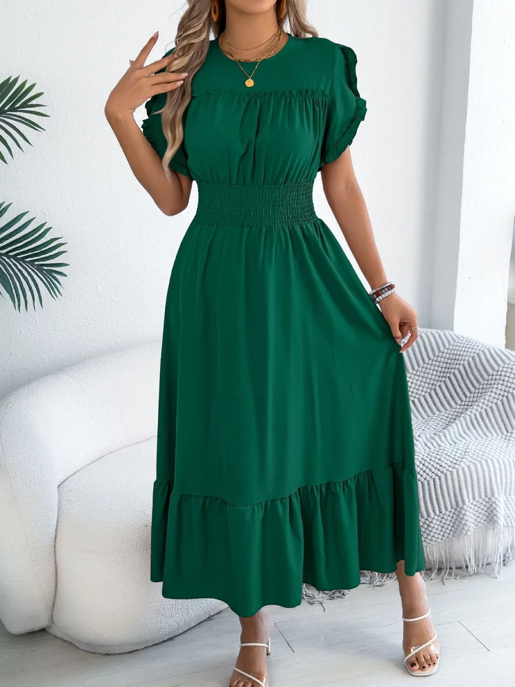 Smocked Frill Round Neck Midi Dress - product image 14