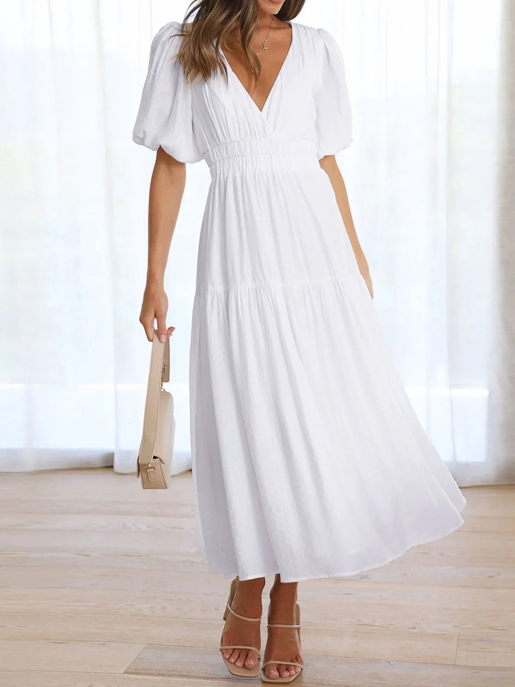 V-Neck Puff Sleeve Midi Dress - product image 8