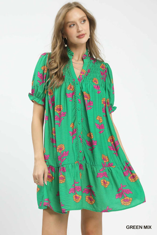 Umgee Floral Print Babydoll Dress - Shopiebay women's boutique