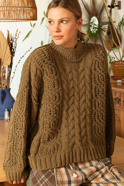 POL Mock Neck Cable Knit Sweater