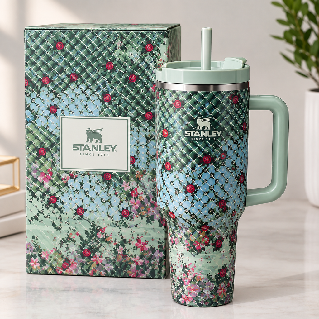 40oz Floral Print Insulated Tumbler with Handle & Straw | Reusable Travel Cup