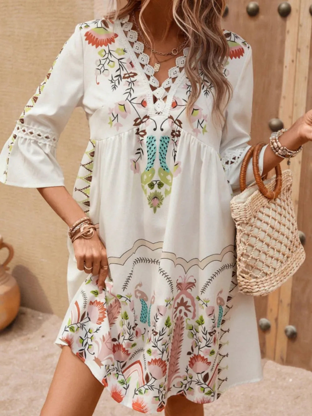 Lace Detail Printed Three-Quarter Sleeve Dress Main image
