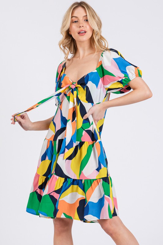 Ces Femme Abstract Print Sweetheart Neck Puff Sleeve Dress