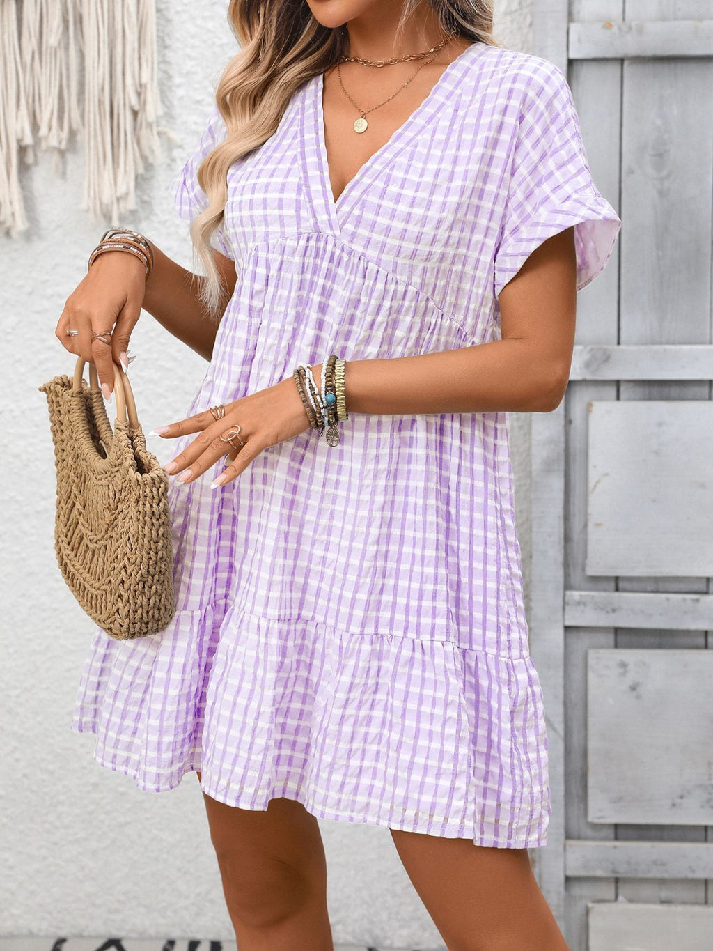 Plaid V-Neck Ruffle Hem Mini Dress - product image 15