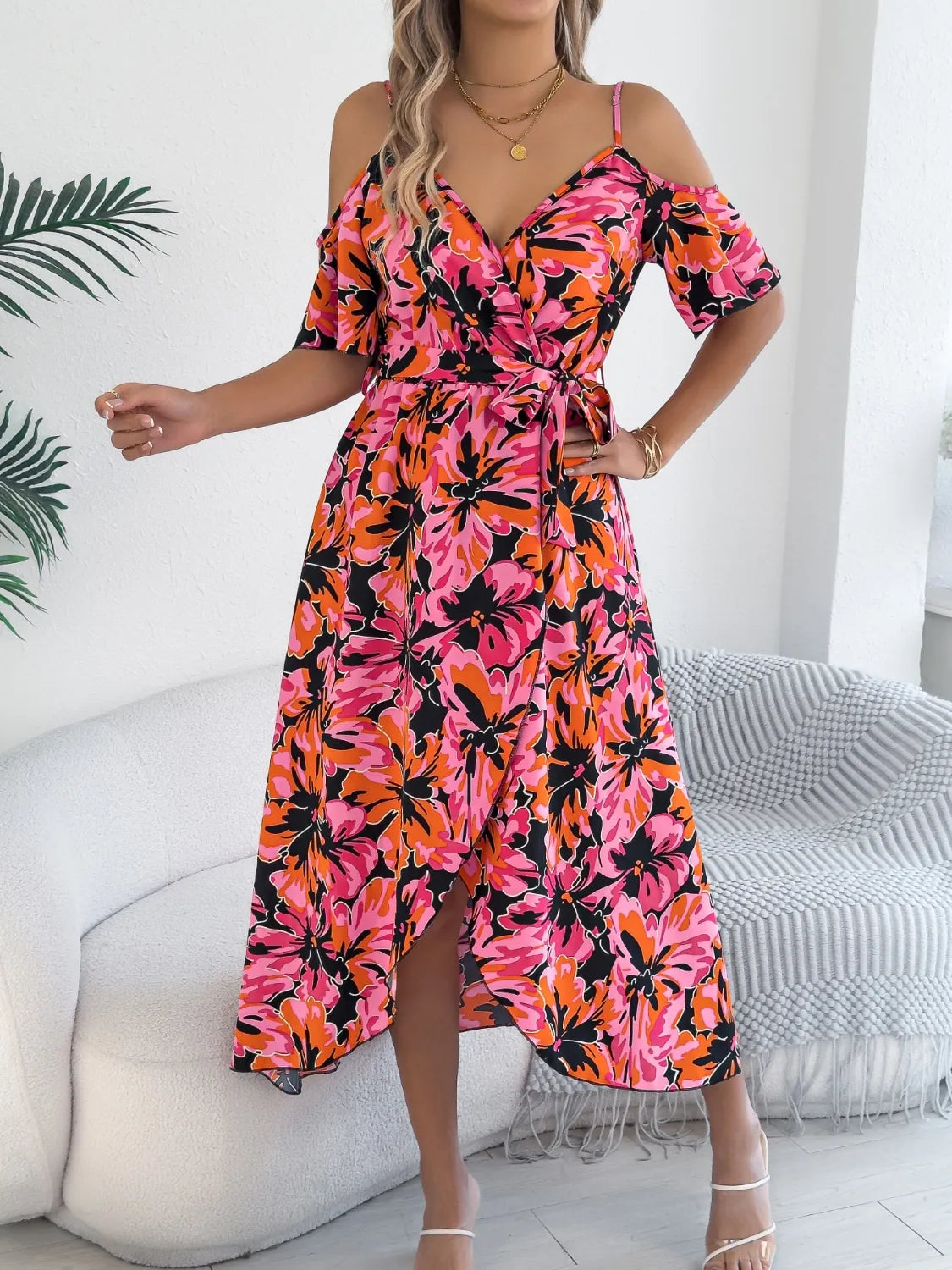 Printed Cold Shoulder Midi Cami Dress Main image