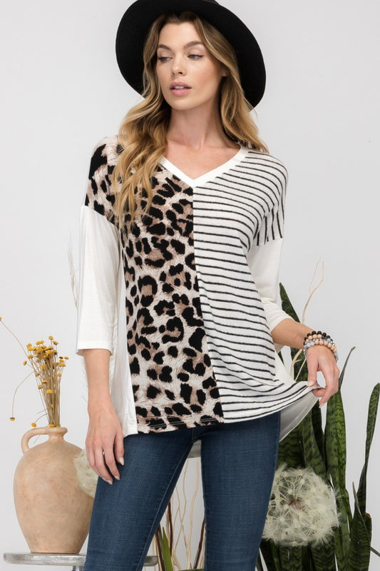 Celeste Full Size Front Leopard and Striped Print V-Neck T-Shirt