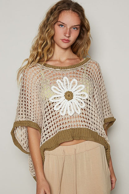 POL Hollow Out Flower Half Sleeve Knit Cover Up