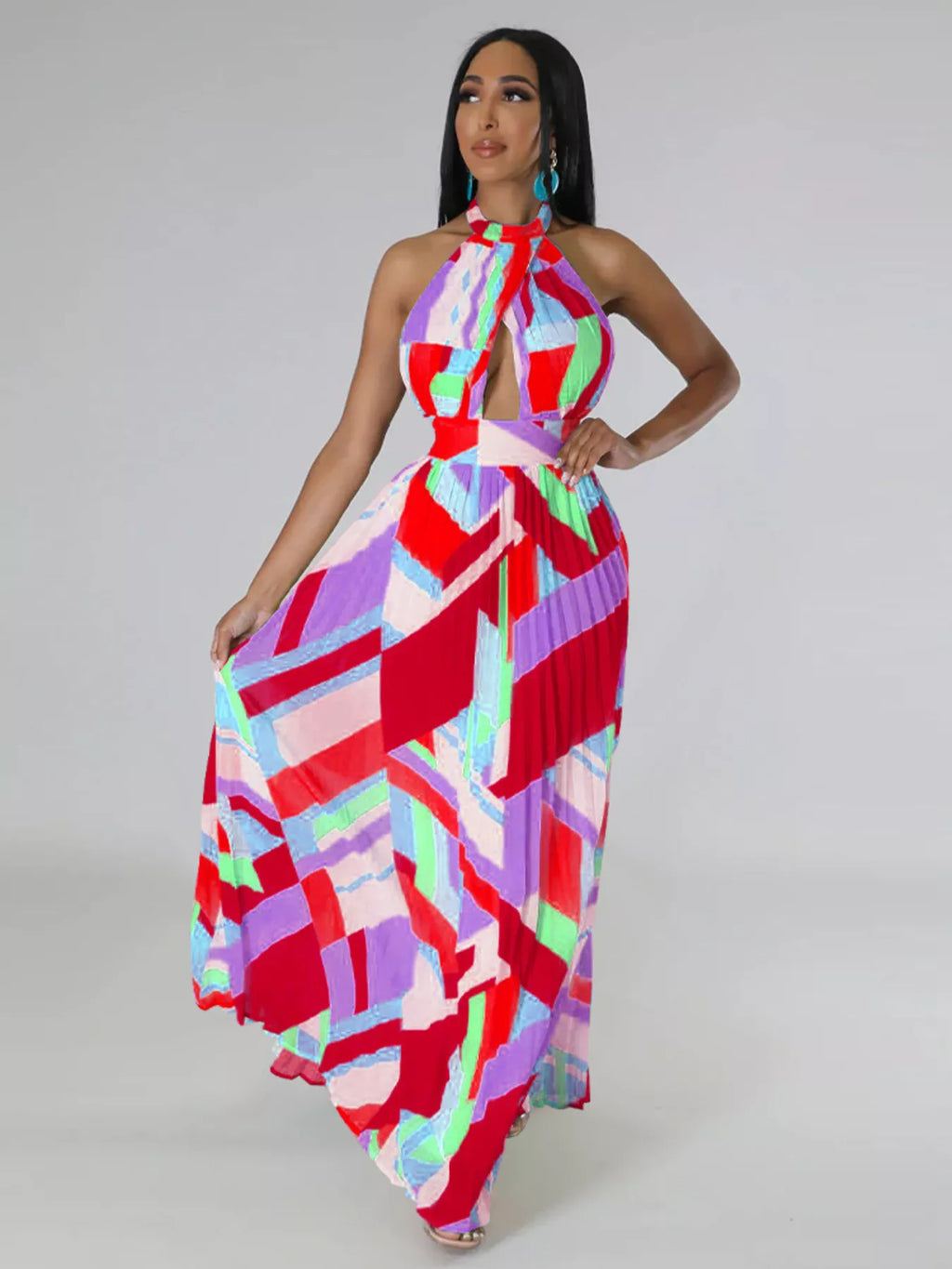Halter Neck Geometric Print Pleated Maxi Dress - product image 2